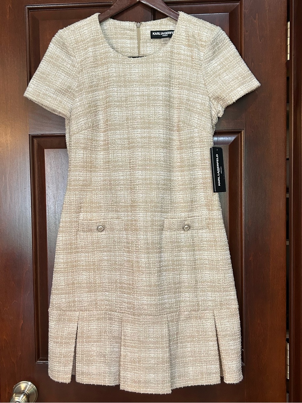 NWT Karl Lagerfeld Paris Tweed Dress Size 8 Cream Short Sleeve Pleated